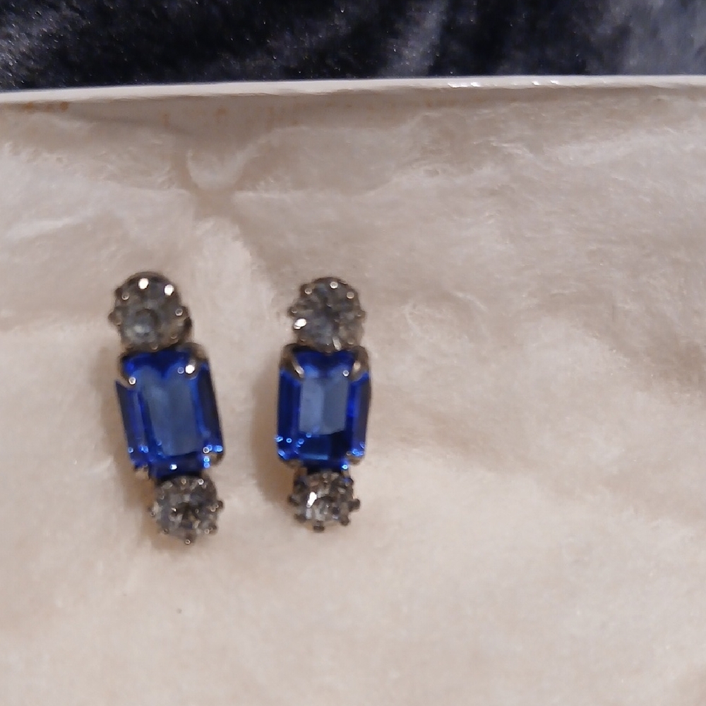CRYSTALS Genuine Austrian Crystal Pierced Faux Sapphire And Rhinestone Earrings
